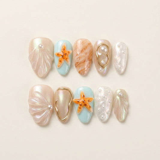 Starfish Tide – Dark Feminine Ocean Shell Short Almond Press-On Nails