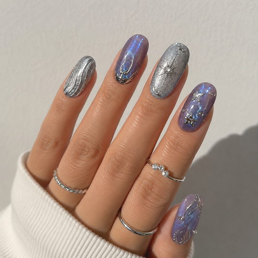 Celestial Veil β Galactic Chrome Star Press-On Nails