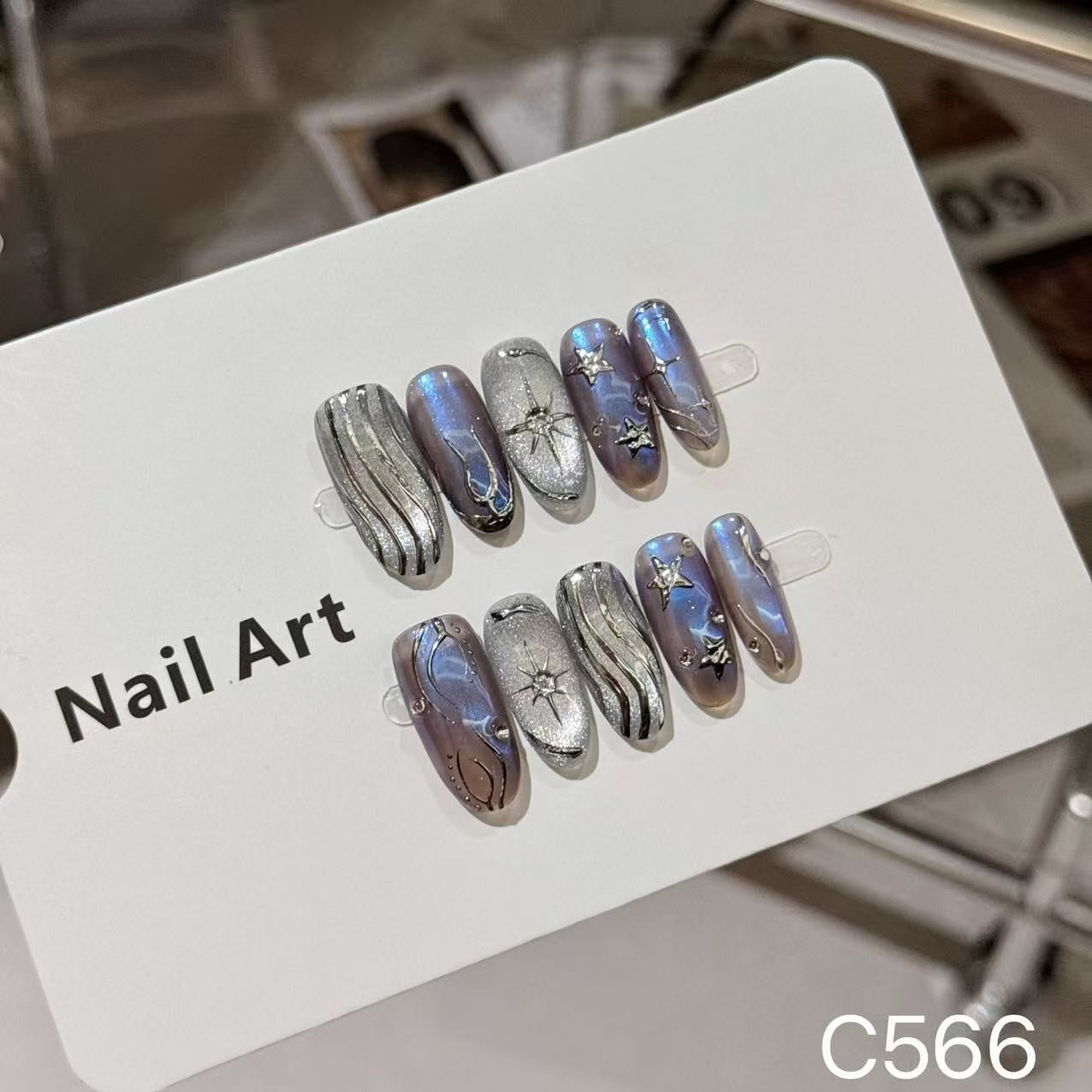 Celestial Veil – Galactic Chrome Star Press-On Nails