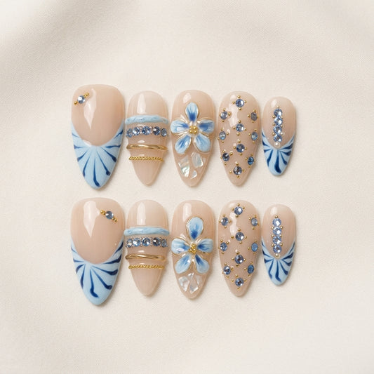 Cerulean Bloom – Soft Feminine Almond Press-On Nails
