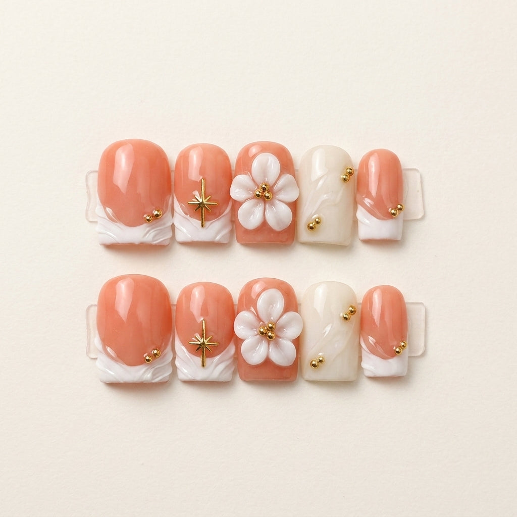 Coral Blossom – Soft Feminine Square Press-On Nails