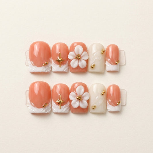 Coral Blossom – Soft Feminine Square Press-On Nails