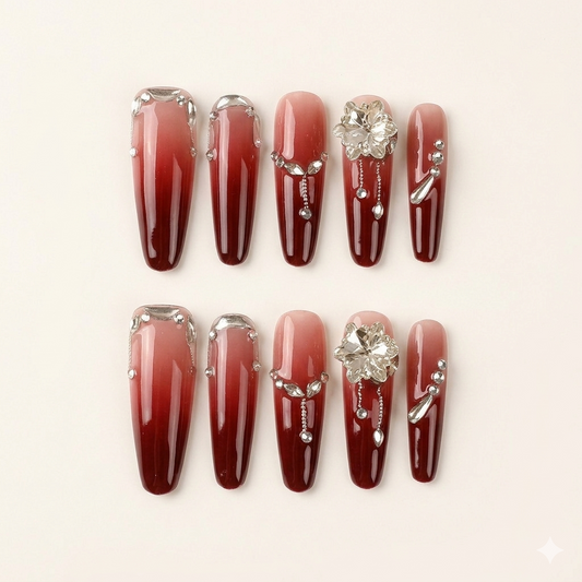 Crimson Muse - Hand-painted deep red coffin press-on nails for a salon-quality finish.