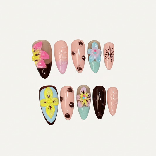 Silken Bloom – Soft Feminine Silk Floral Almond Press-On Nails