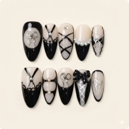 Ballet Ribbon - Black and white nails with 3D silver bows and pearls.