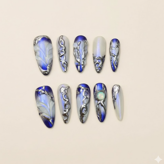 Lyra Cobalt – Main Character Cobalt Chrome Almond Press-On Nails