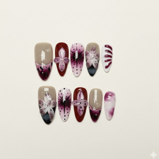 Velvet Orchid - Deep wine red and grey ombre nails with 3D orchid.