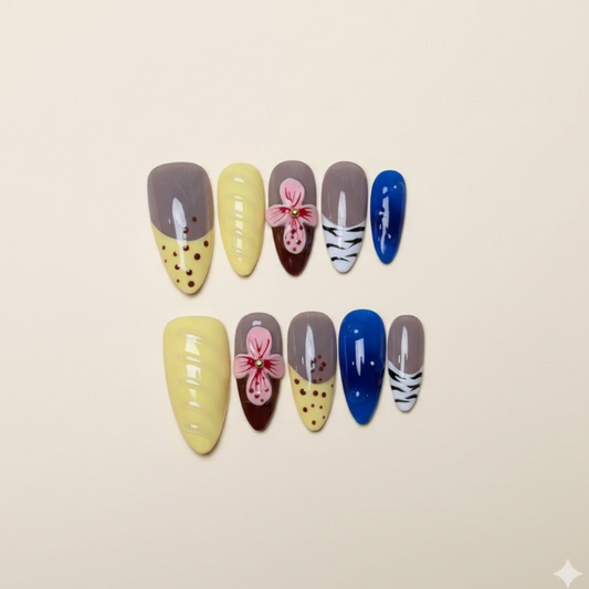 Pastel Harmony - Yellow and grey nails with large 3D pink flower art.