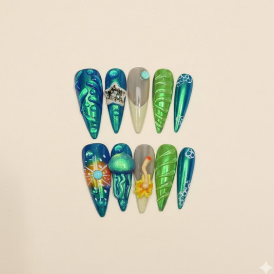 Ocean Whisper - Teal cat-eye nails with 3D water drop effects.