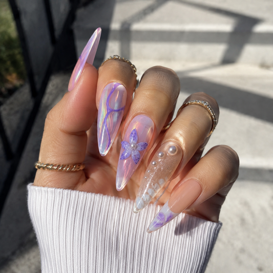 Lilac Muse – Iridescent 3D Floral Press-On Nails