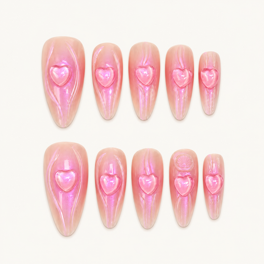 Doll Sugar – Soft Feminine Pink 3D Heart Almond Press-On Nails
