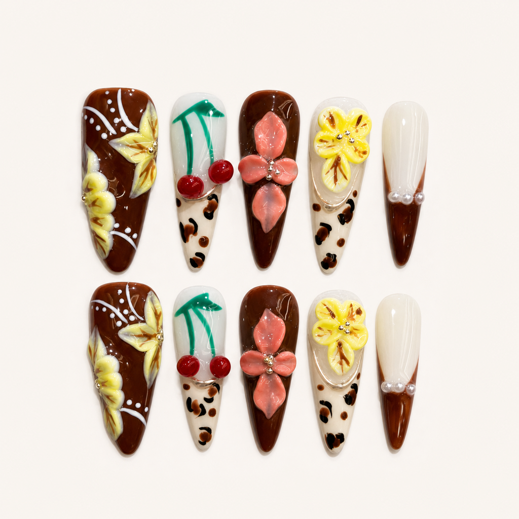 Coffee Confetti – Main Character Leopard & Yellow Bow Stiletto Press-On Nails