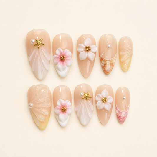 Peach Blossom – Soft Feminine 3D Floral Almond Press-On Nails