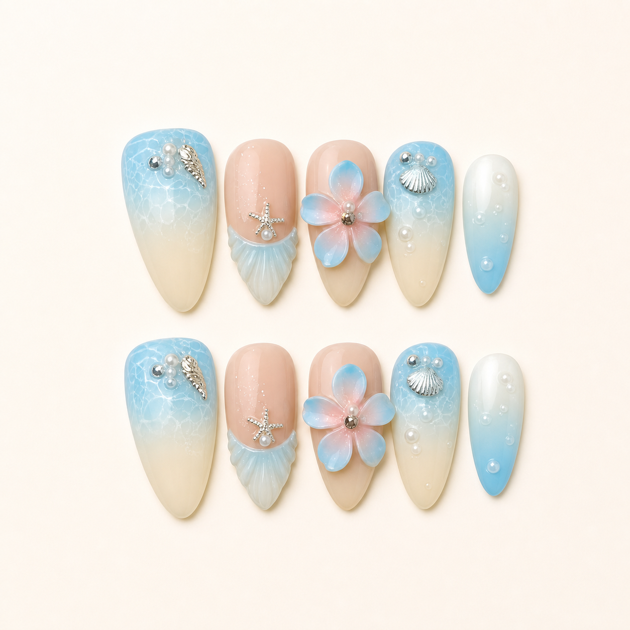 Sky Blossom – Soft Feminine Blue & Peach 3D Floral Almond Press-On Nails