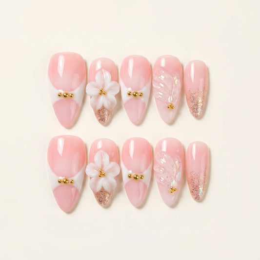 Celestial Glow โ Soft Feminine Iridescent Shell Almond Press-On Nails