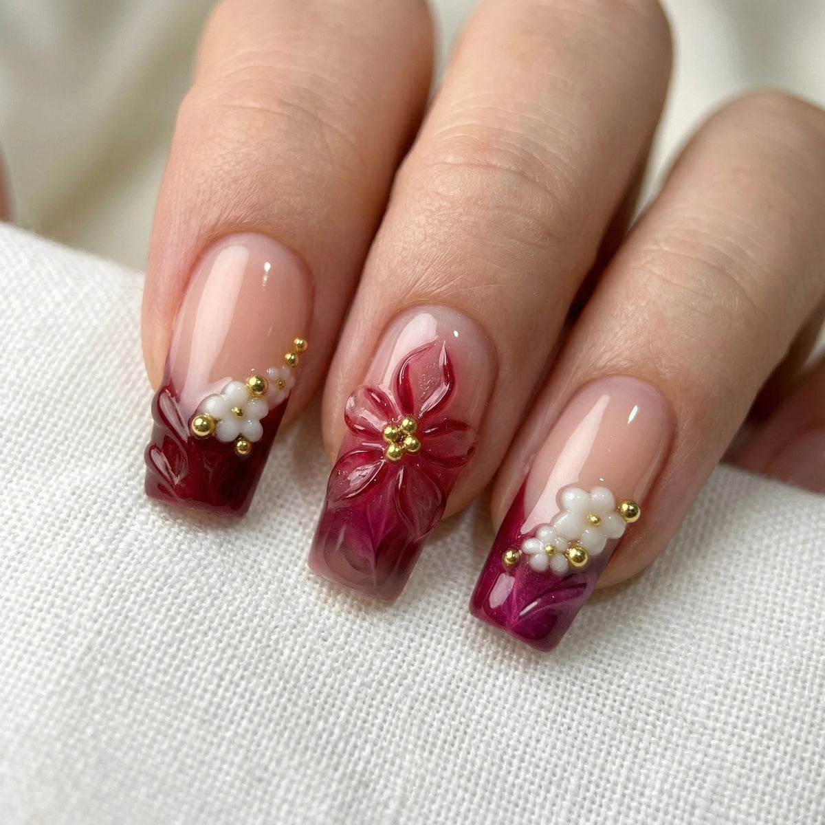 Crimson Petal – Date Night Burgundy Floral Coffin Press-On Nails