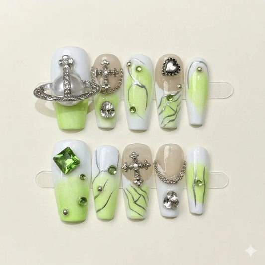 Neon Saturn – Main Character Y2K Cyber Coffin Press-On Nails