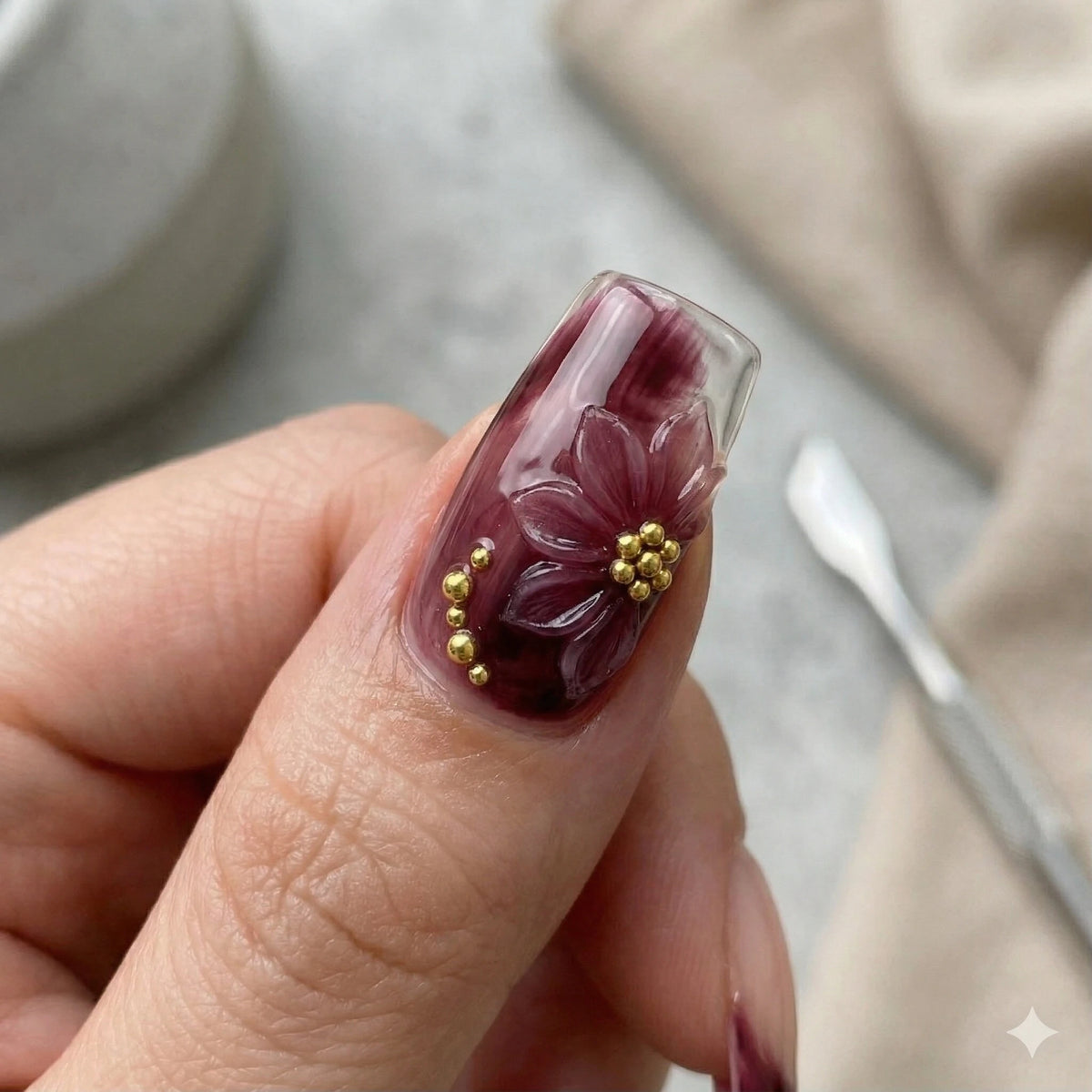 Crimson Petal – Date Night Burgundy Floral Coffin Press-On Nails