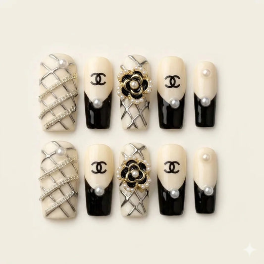 Luxe Camellia – Quiet Luxury Black White Coffin Press-On Nails
