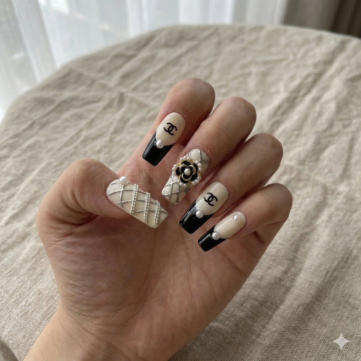 Luxe Camellia β Quiet Luxury Black White Coffin Press-On Nails