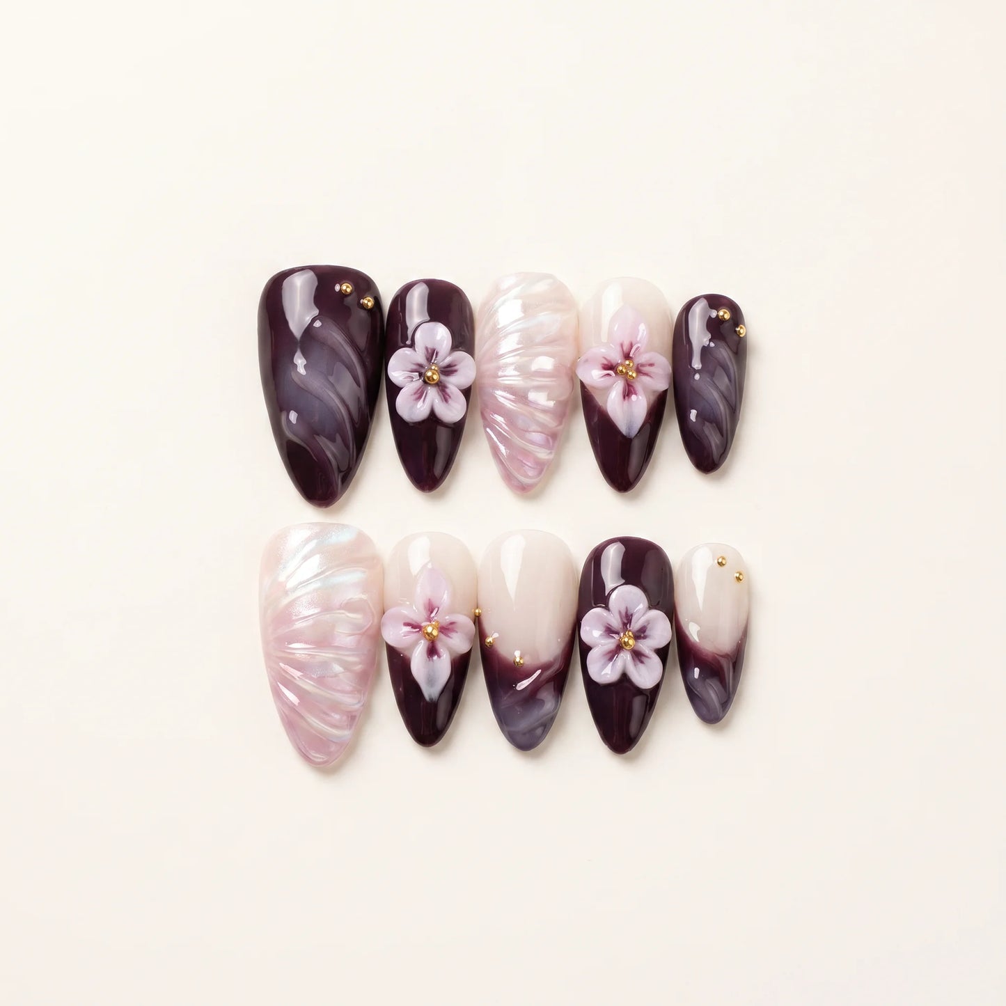Plum Muse – Dark Feminine Plum 3D Floral Almond Press-On Nails