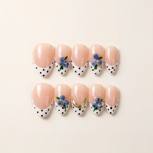 Blueberry Polka – Soft Feminine Blueberry French Almond Press-On Nails