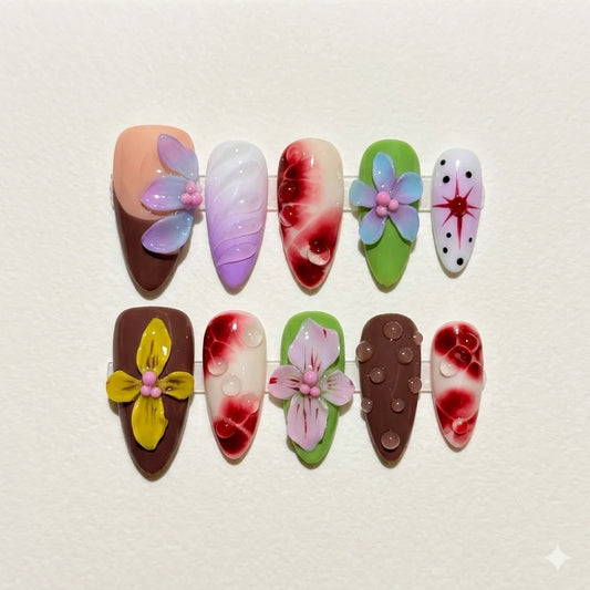 Velvet Noir โ Dark Feminine Burgundy Marble Almond Press-On Nails