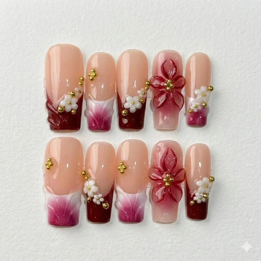 Crimson Petal – Date Night Burgundy Floral Coffin Press-On Nails