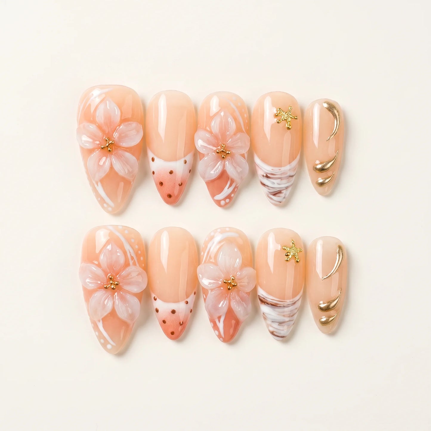 Shell Whispers – Soft Feminine Peach 3D Floral Almond Press-On Nails