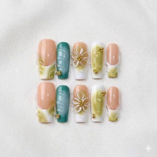 Emerald Petal – Soft Feminine Sage Floral Coffin Press-On Nails