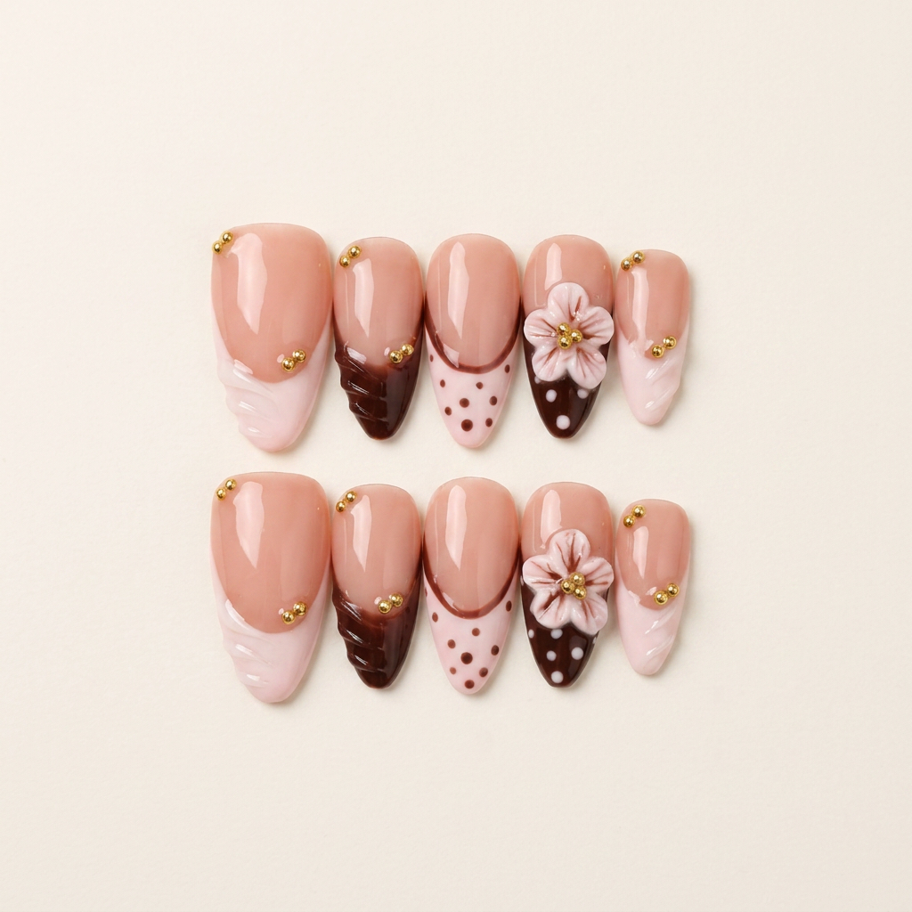 Mocha Blossom – Soft Feminine Almond Press-On Nails