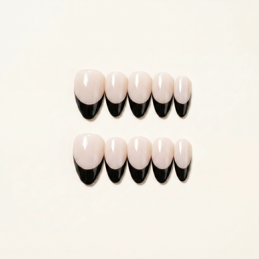 Midnight Frame – Dark Feminine Black French Almond Press-On Nails