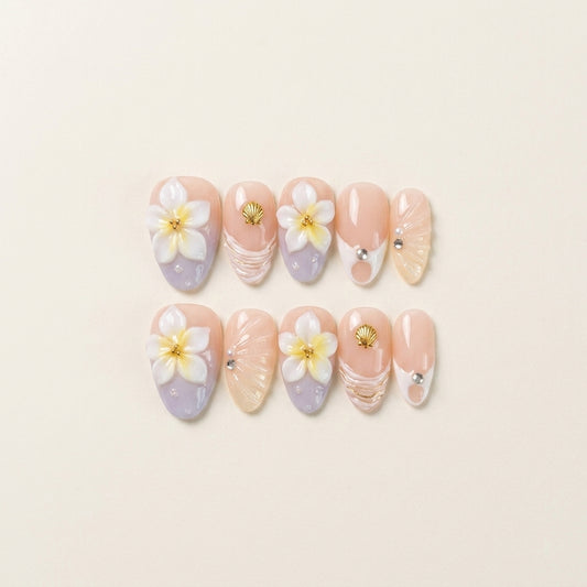 Plumeria Dream – Soft Feminine Almond Press-On Nails