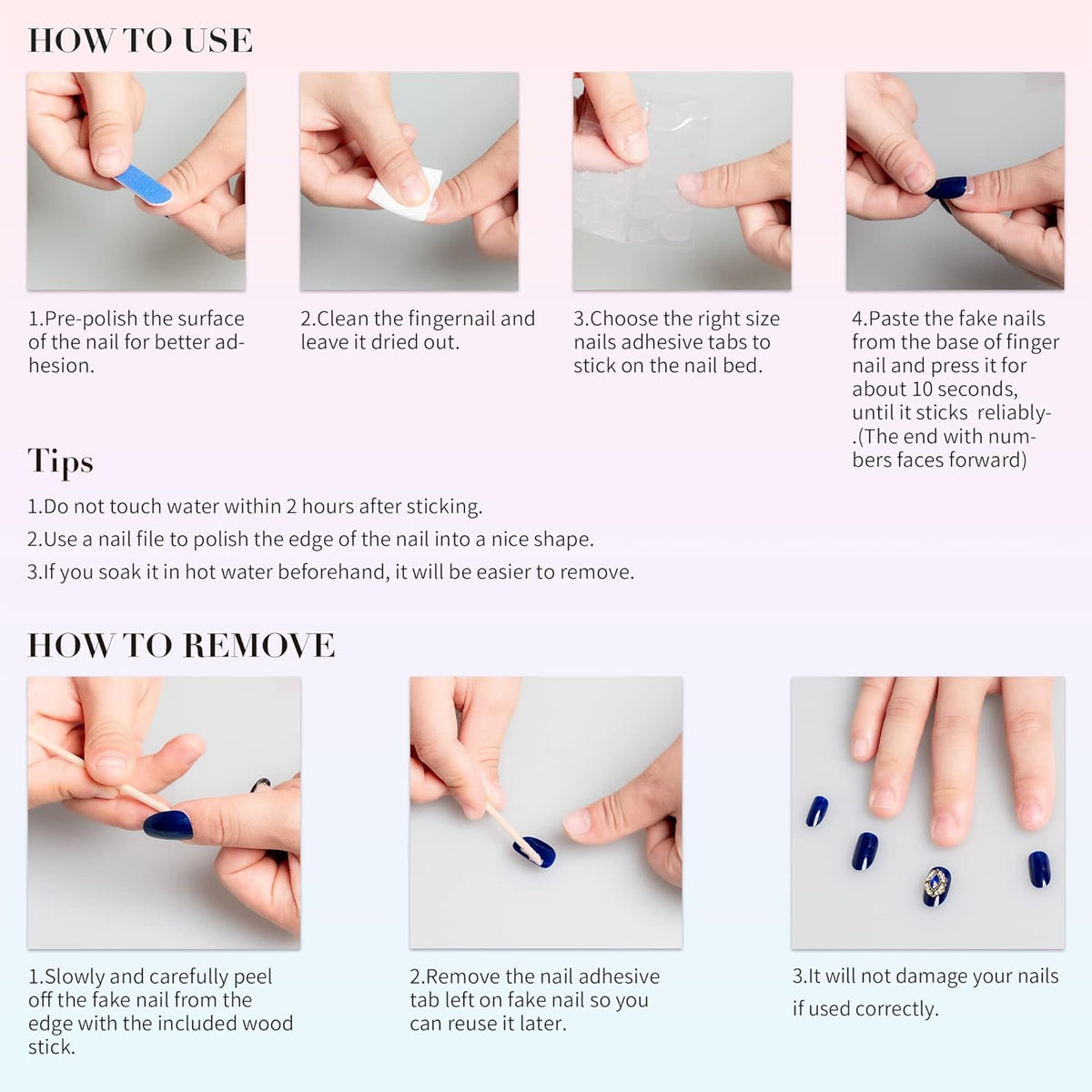 Step-by-step application instructions for long-lasting, reusable press-on nails.