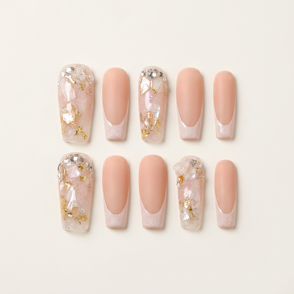 Pearl Mist – Soft Feminine Pearlescent & Gold Coffin Press-On Nails