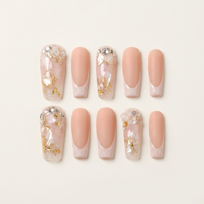 Pearl Mist – Soft Feminine Pearlescent & Gold Coffin Press-On Nails