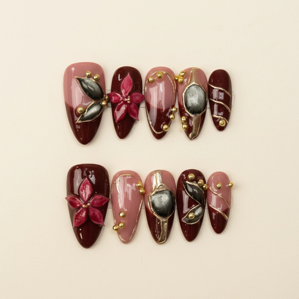 Bordeaux Muse – Dark Feminine Wine Floral Almond Press-On Nails