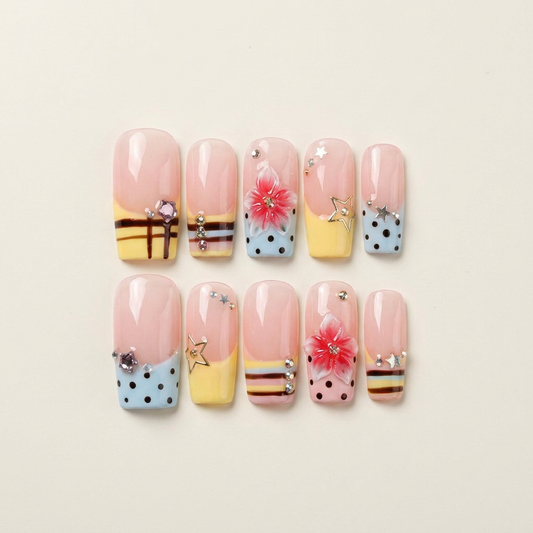 Cosmic Candy – Main Character Vibrant Pattern Mix Coffin Press-On Nails