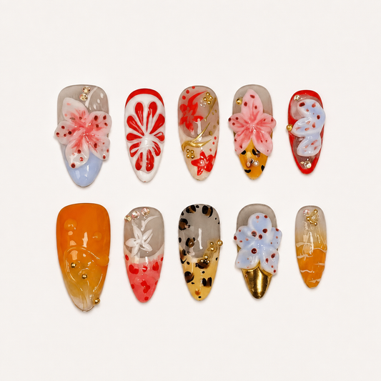 Floral Abundance – Main Character Leopard Floral Almond Press-On Nails