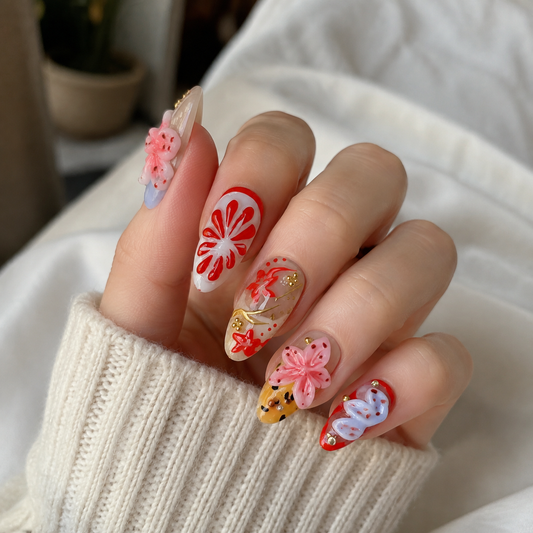 Floral Abundance – Main Character Leopard Floral Almond Press-On Nails