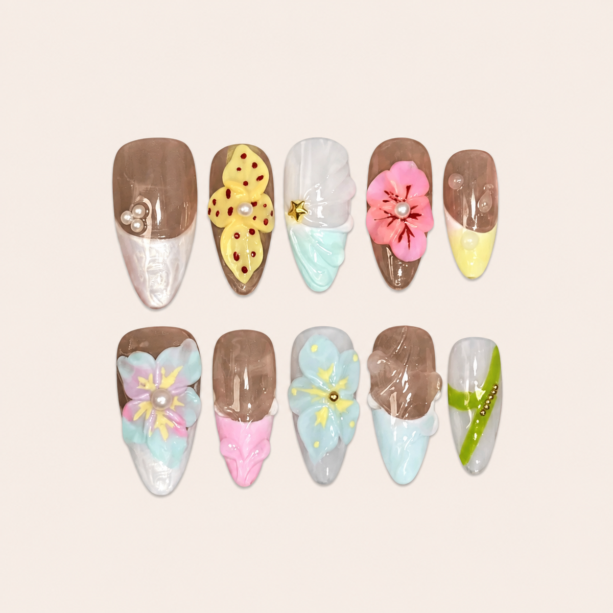 Artisan Brush – Soft Feminine Hand-Painted Almond Press-On Nails