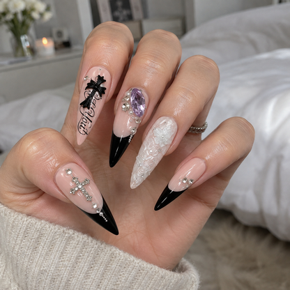 Midnight Cross – Dark Feminine Stiletto Press-On Nails