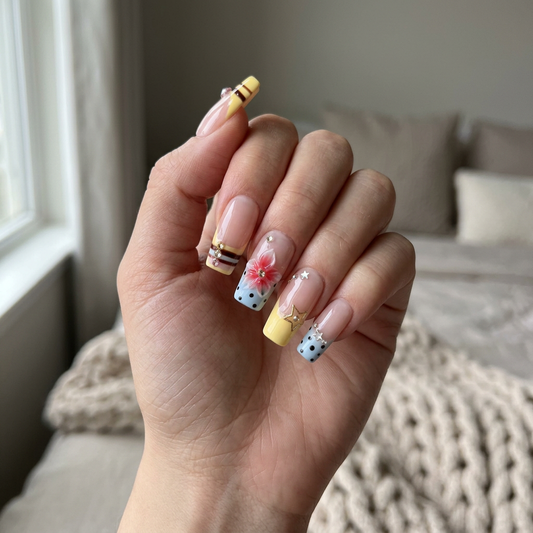 Cosmic Candy – Main Character Vibrant Pattern Mix Coffin Press-On Nails