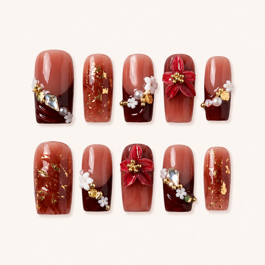 Ladybug Garden – Dark Feminine Burgundy Floral Square Press-On Nails