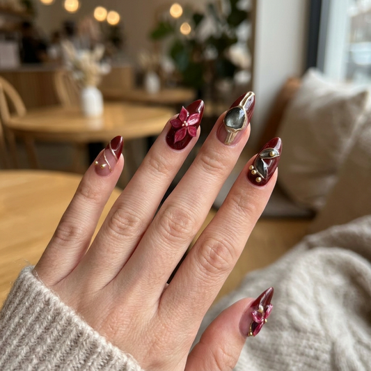 Bordeaux Muse – Dark Feminine Wine Floral Almond Press-On Nails