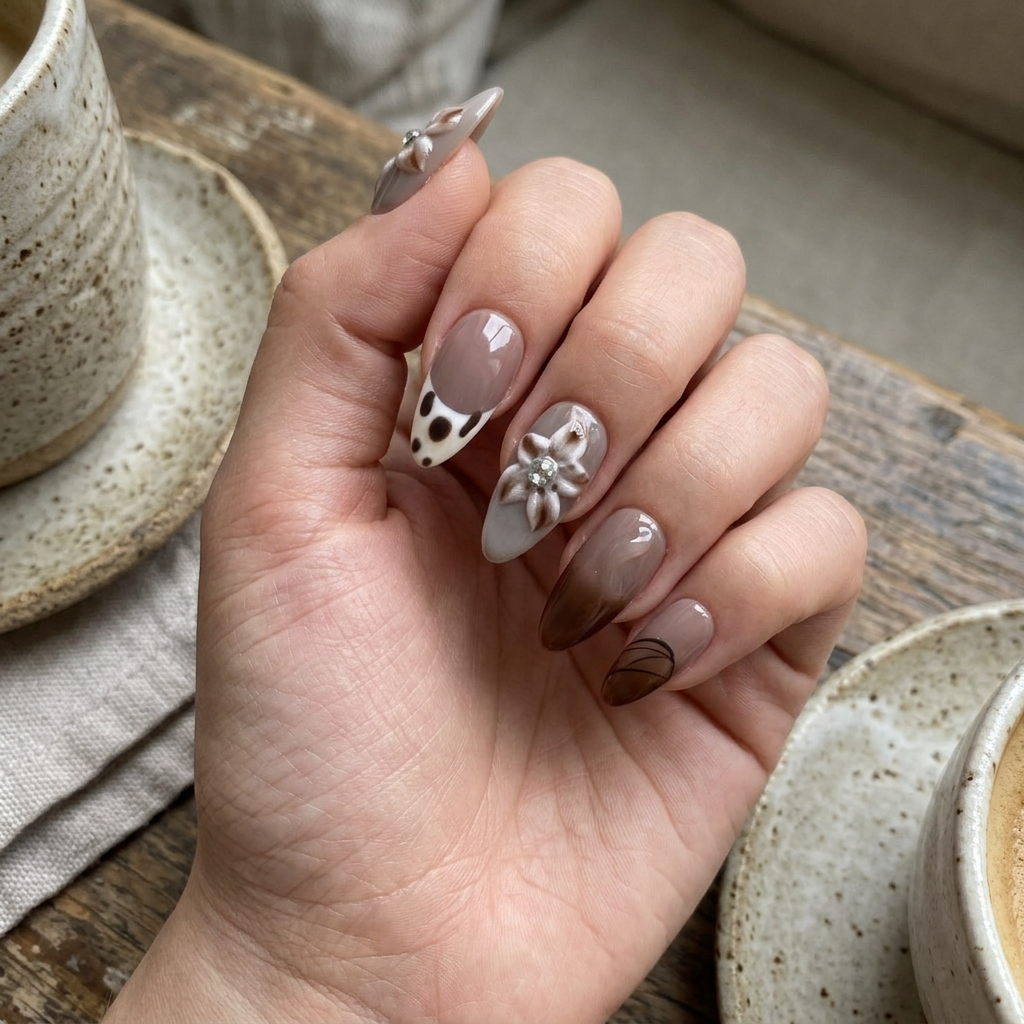 Coffee Bloom – Main Character Cow Print Almond Press-On Nails