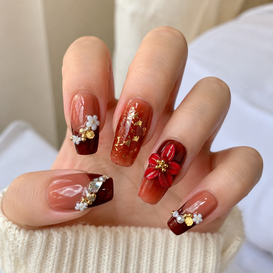 Ladybug Garden – Dark Feminine Burgundy Floral Square Press-On Nails