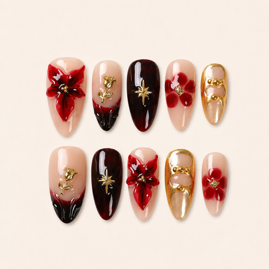 Velvet Rose – Dark Feminine Burgundy Floral Almond Press-On Nails