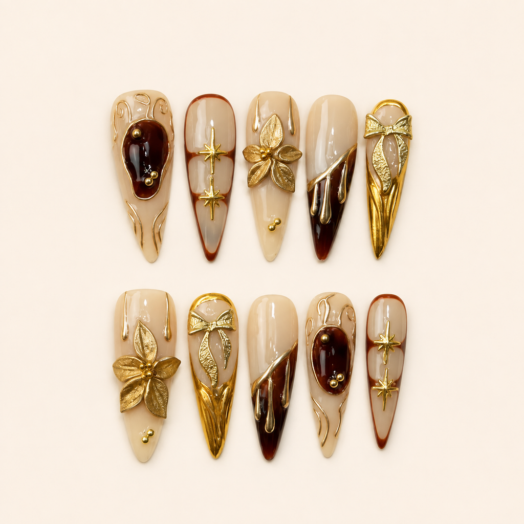 Enchanted Orchid – Main Character Gold Baroque Stiletto Press-On Nails