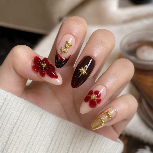 Velvet Rose – Dark Feminine Burgundy Floral Almond Press-On Nails